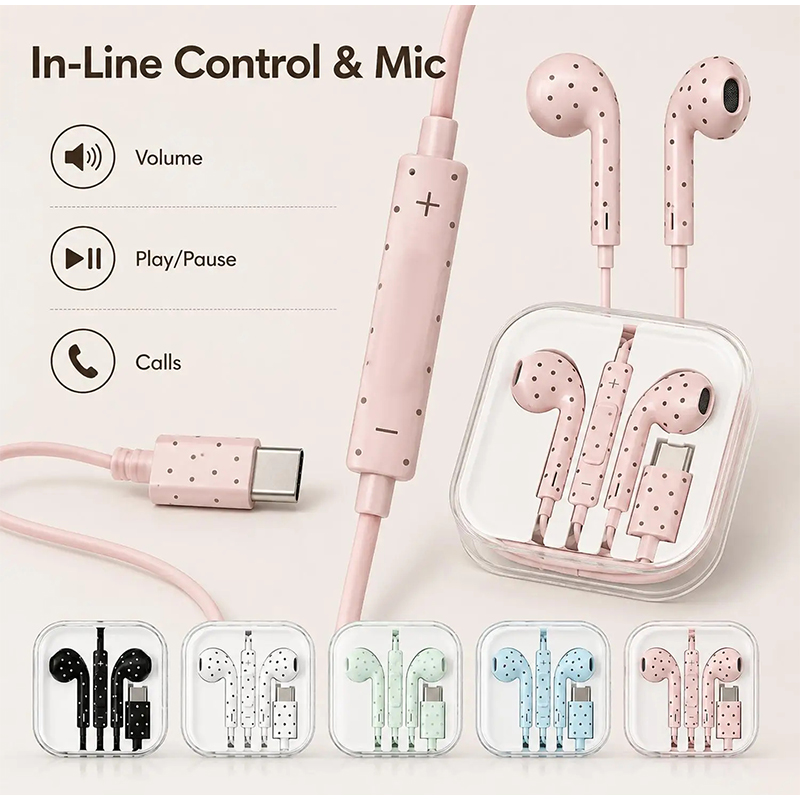Usb C Earphone - Type C イヤホン ポルカドットスターパターン インイヤー有線イヤホン マイクとボリュームコントロール付き